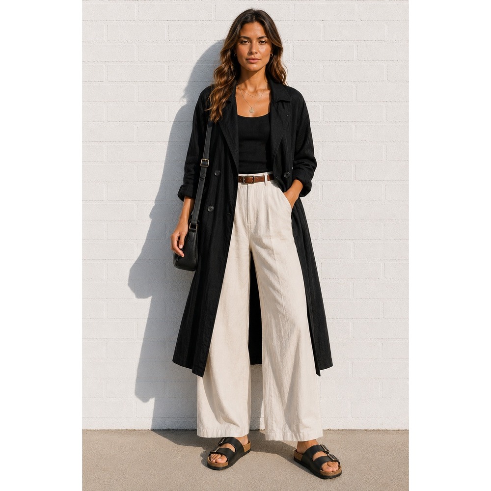 Vintage Silkworms Black Crinkle Duster Coat Oversized Minimalist XL